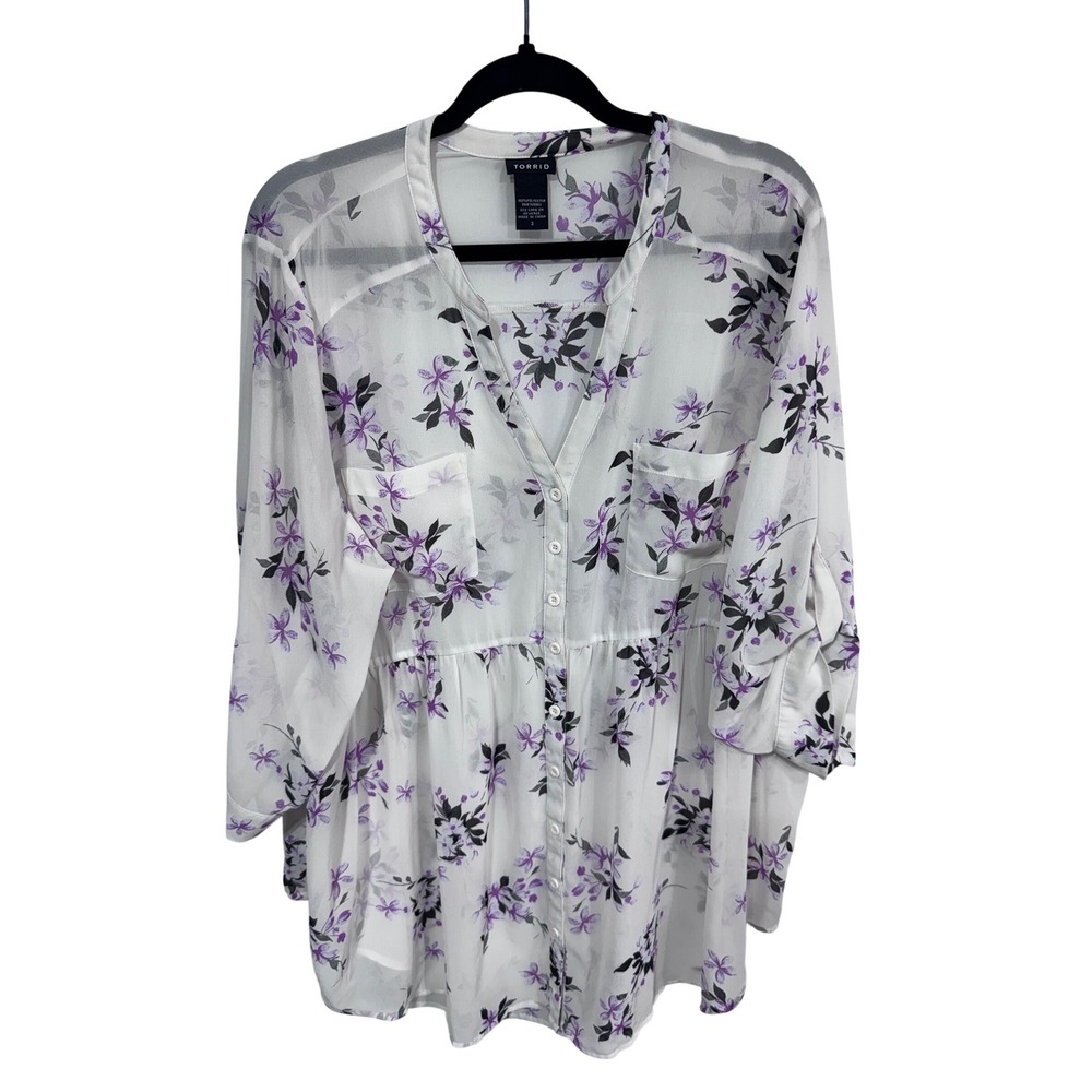 Torrid 3 White Purple Floral Button Up Women's Sheer Babydoll Blouse Emma